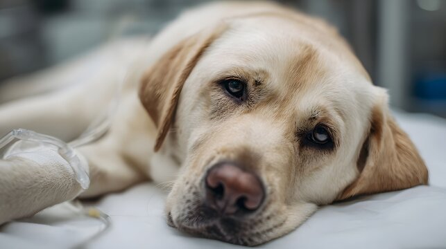 A sad looking Labrador Retriever lies on a veterinary examination table with an intravenous drip line attached to its leg