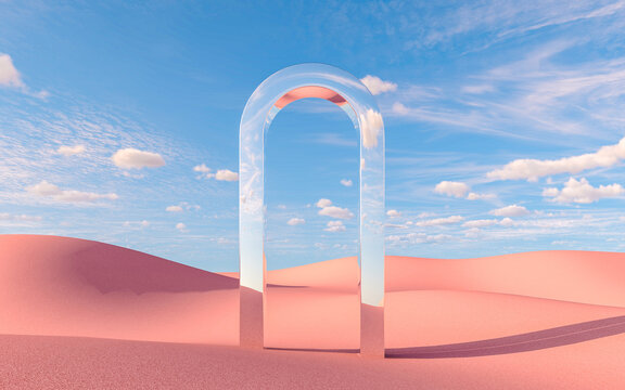 Surreal mirror arch installation in pink desert landscape with blue sky, 3d rendering