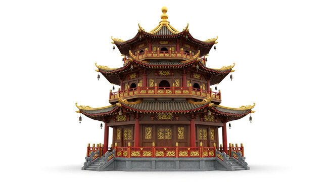 Traditional chinese pagoda isolated on white background, showcasing intricate architectural details and cultural heritage, symbolizing peace and prosperity