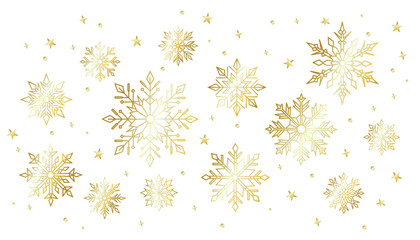 Luxurious golden snowflakes and stars pattern on white background. Perfect festive design for Christmas cards, New Year invitations, wrapping paper, winter decor and elegant holiday branding.