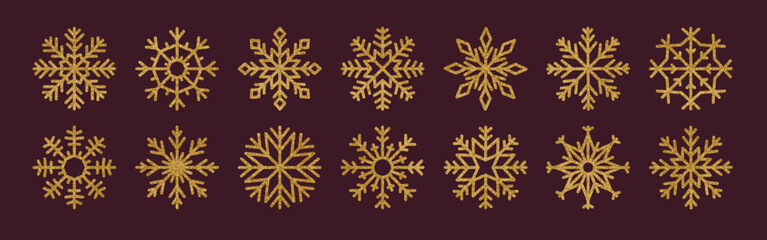Snowflake shapes and patterns set. Different geometric snow flake forms. Golden ornaments, snowy crystals. Winter holiday festive seasonal decor, design elements. Isolated flat vector illustrations