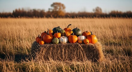 Autumn harvest scene for Thanksgiving or Halloween. Pumpkins on a hay bale in a field. Perfect for fall themed designs, greeting cards, and seasonal promotions.