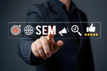 A man pressing the virtual SEM button, highlighting search engine marketing