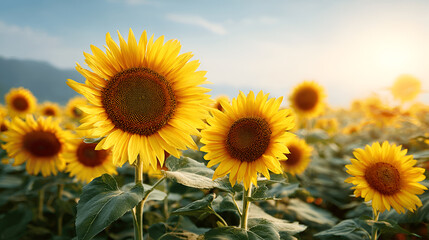 Fototapeta premium Vibrant sunflowers blooming in a lush field under bright sunlight