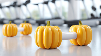 Unique yellow pumpkin-shaped dumbbells arranged on a gym floor, showcasing a playful twist on traditional fitness equipment for a fun workout experience
