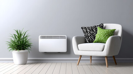 Modern living room featuring sleek wall-mounted heater, stylish armchair adorned with decorative pillows and a vibrant green plant creating a cozy atmosphere