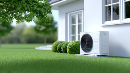 Air conditioning unit installed outside a modern home, surrounded by lush green grass and neatly trimmed bushes, showcasing energy-efficient cooling technology in a residential setting