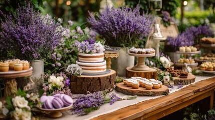 Elegant dessert table featuring lavender flowers, assorted pastries, and a beautiful cake display