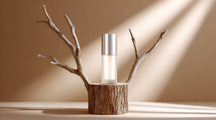 Elegant skincare bottle displayed on a rustic wooden stump with branches, illuminated by soft light, creating a serene and natural ambiance for beauty products