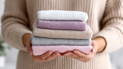 Stack of soft, colorful towels held by a person in a cozy sweater, showcasing a variety of textures and hues, perfect for home decor and relaxation themes