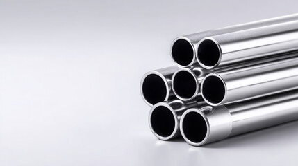 Metallic pipes stacked in a geometric arrangement, showcasing smooth surfaces and reflective qualities, ideal for industrial design and construction applications