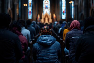 Seeking solace: A diverse congregation gathers in a historic church, their backs turned, as they seek comfort in faith and reflect on the stained glass windows.