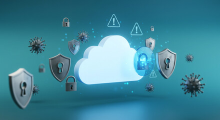 Cloud security concept with virus, shield, lock and warning symbols, representing data protection and cyber threat