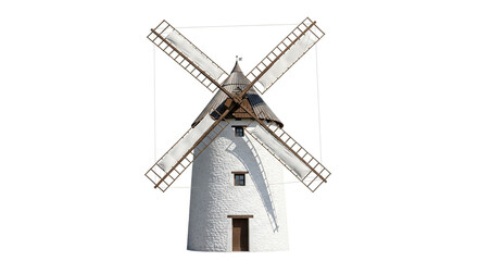 Front view of a windmill isolated on white background, showcasing architectural design and historical significance of rural structure