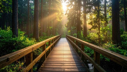 Wooden Bridge Through Lush Green Forest with Sunlight Streaming Through Tall Trees Creating Warm Glow