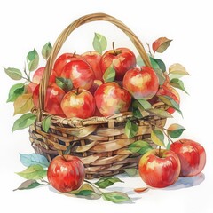Harvest Bounty: A charming watercolor illustration of a woven basket overflowing with ripe, red apples, nestled amongst vibrant green leaves, capturing the essence of autumn.