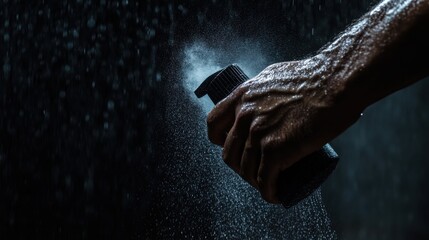 Spraying Action: A close-up shot of a hand gripping a spray bottle, releasing a fine mist of refreshing spray. The strong veins of the person add a sense of effort.