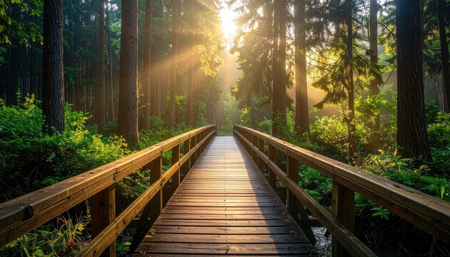 Wooden Bridge Through Lush Green Forest with Sunlight Streaming Through Tall Trees Creating Warm Glow