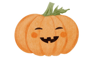 Cute watercolor Halloween pumpkin with smiling face and green stem. Hand painted jack o lantern isolated on white. Perfect for greeting card, poster, or holiday decoration.