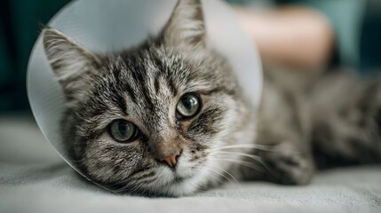 Obraz premium A domestic tabby cat wearing a protective white cone collar rests calmly indoors suggesting recovery from illness or injury and emphasizing pet care