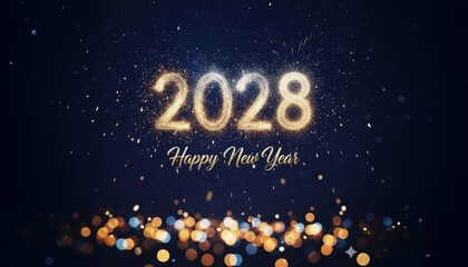 A festive 'Happy New Year 2028' greeting. The year 2028 is written in golden sparkles, with bokeh lights on a dark blue background. An elegant and celebratory design.