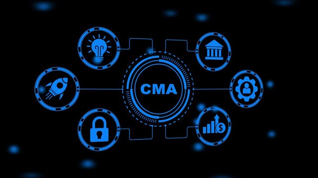 CMA Concept Network with Icons for Finance Security Innovation Rocket and Growth on Dark Background