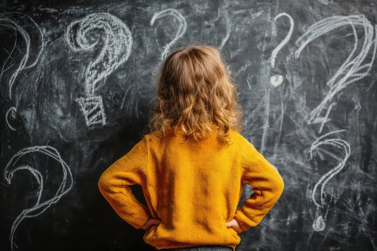 Child's Back View at Blackboard with Question Marks