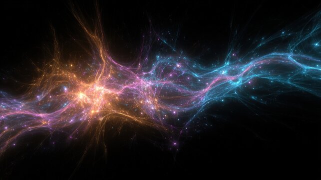 Abstract fractal nebula with glowing particles creates a cosmic atmosphere.