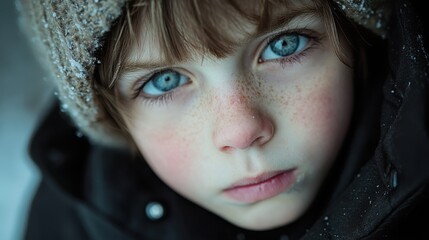 Intense Gaze: A portrait of a young individual, their captivating blue eyes filled with a depth of emotion, set against a soft focus backdrop.