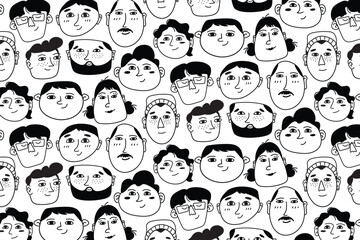 Modern black and white doodle faces pattern — seamless illustration with different people for wallpaper, packaging, and textile design