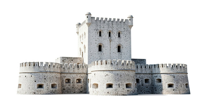 Impressive stone castle isolated on white background, featuring robust towers and walls, representing strength and resilience, a symbol of historical significance