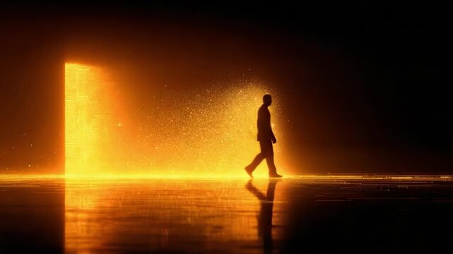 A solitary figure emerges from a glowing doorway, surrounded by shimmering particles, representing a journey from darkness to light and the possibilities of new beginnings.