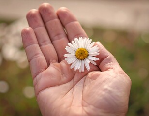 A small daisy rests gently in a cupped hand.  Soft light highlights the delicate flower