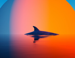 Fototapeta premium Sunset view of a whale fin breaking the calm surface of the ocean