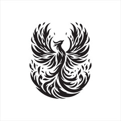 Stylized Phoenix Rising with Ornate Feather Detailing in Black and White.