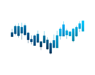 Blue candlestick chart illustrating financial market trends in forex trading on transparent background