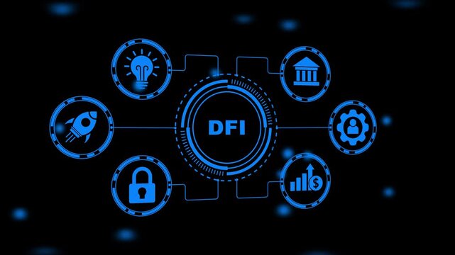 Decentralized Finance DFI Technology Network with Icons and Abstract Background Keywords: DFI, decentralized finance, technology, network, icons, abstract, background, digital