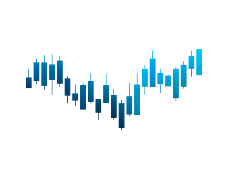 Blue candlestick chart illustrating financial market trends in forex trading on transparent background