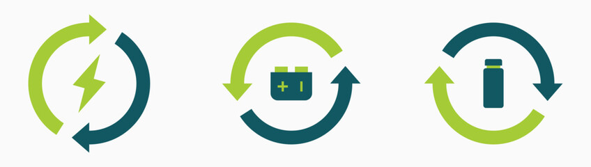 Three icons with arrows on them. The first one is a green circle with a lightning bolt in it. The second one is a green circle with a green arrow pointing up. Vector Illustration