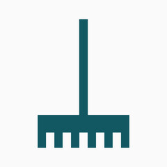 A blue and white image of a rake. The rake is shown in a vertical position with a green handle. Vector Illustration