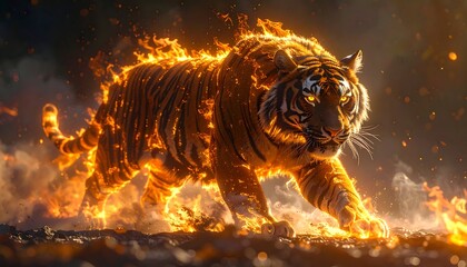 Fiery tiger prowls, flames enveloping its body