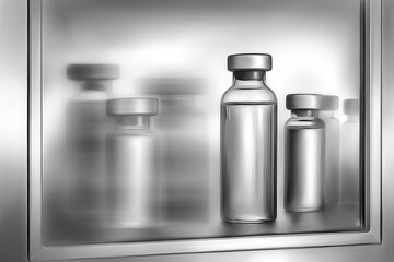 The vials appear to hold medical fluid, behind frosted glass.