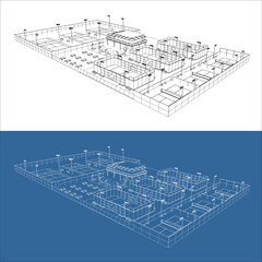 Three-dimensional technical line drawing of a modern multi-sport complex featuring tennis, pickleball, and padel courts