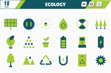 Ecology and features various symbols such as a tree, a house, a car, and a battery. Vector Illustration