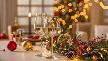 Festive table decor with white wine, glowing ornaments, and golden garland on bright backdrop