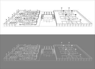 Isometric line drawing of a modern multi-sport complex featuring tennis, padel, and pickleball courts
