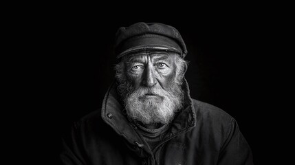 Obraz premium Gritty portrait of an aged man with a weathered face, wearing a cap and jacket, set against a stark black background in monochrome.