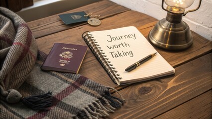 Cozy travel setup featuring passport, notebook, pen, lantern, and scarf on wooden table with inspiring travel quote