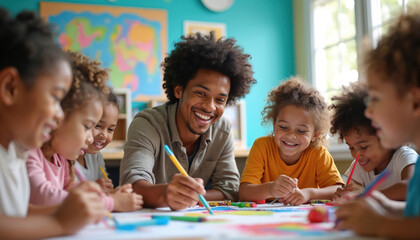 Diverse group of children and teacher enjoying art class. Kids draw with colorful crayons and paint. Teacher guides students in creative activity. Children smile and have fun in classroom.