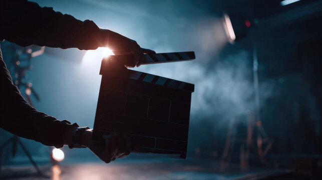 Film clapperboard in action, symbolizing start cinematic journey. Smoky background, dramatic effect, filmmaking process. Silhouette scene. Lights illuminate setup, movie production video creativity.